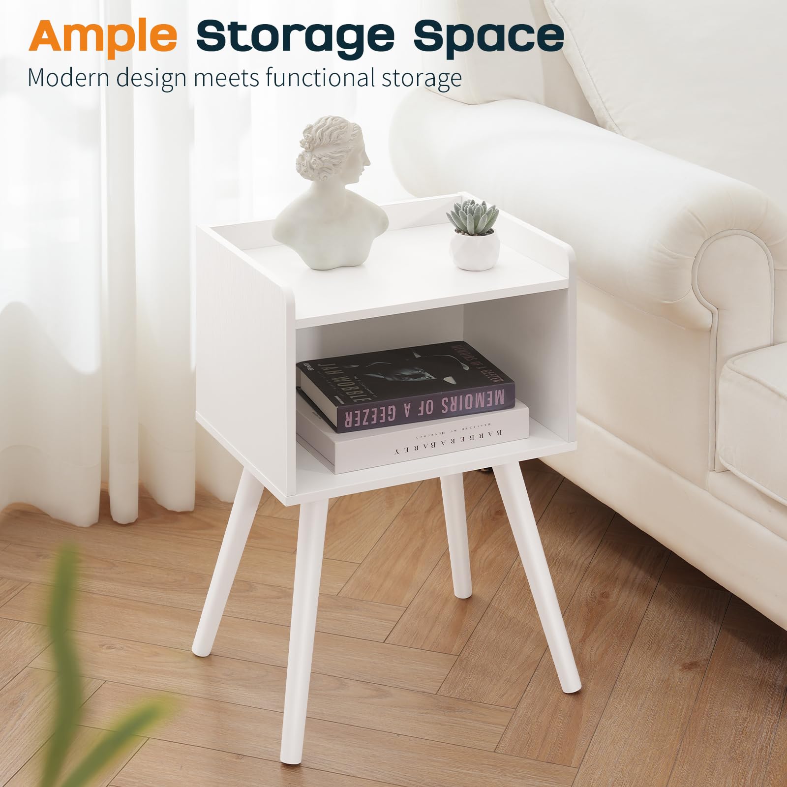 Mid Century Modern Nightstand Small Side Table with Storage Shelf