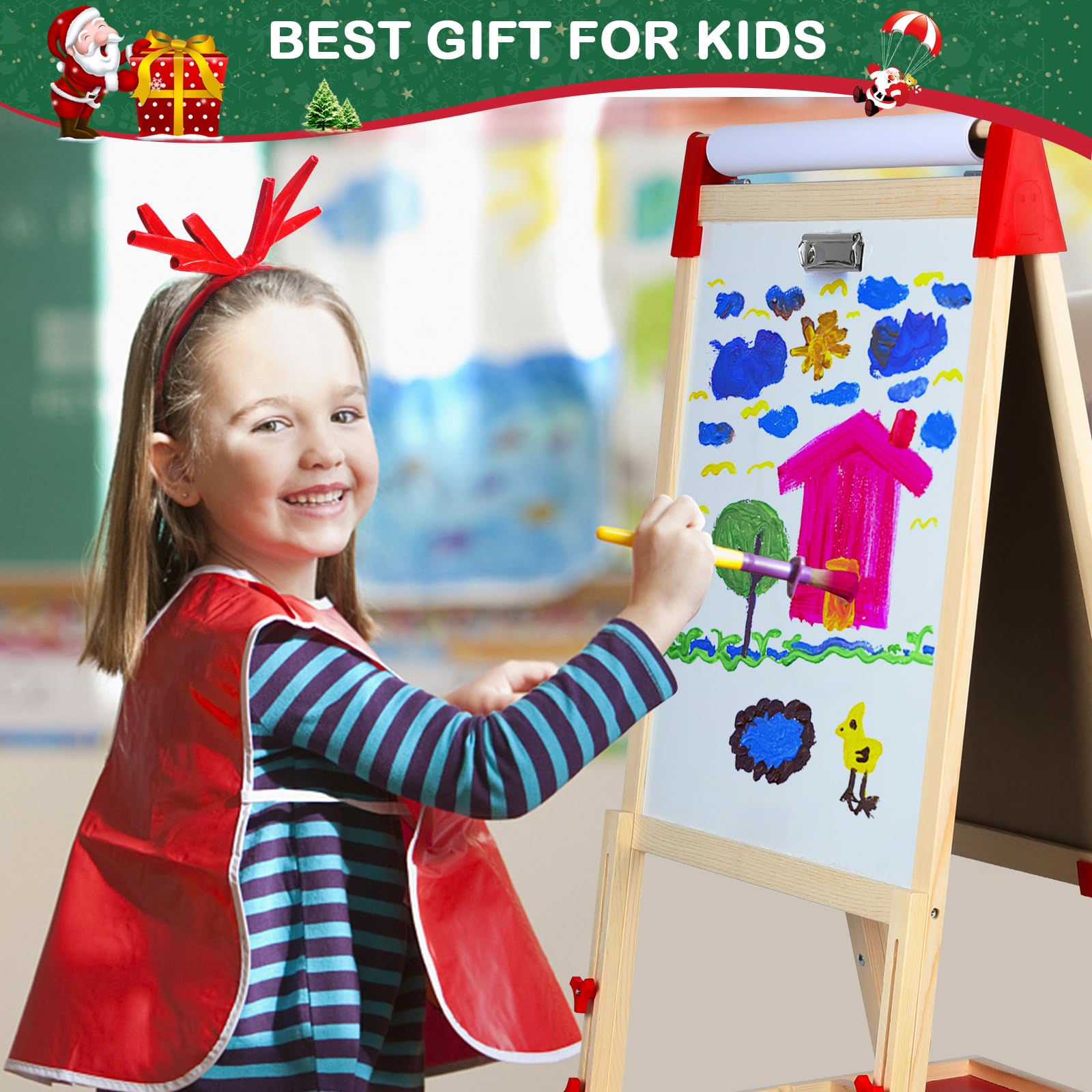 Easel for Kids,3 in 1 Adjustable Kids Art Drawing Easel Set,130+ Art Supplies,Wooden Double Sided Magnetic Chalkboard and White Board with Paper Roll,Painting for Aged 2-4,5-7,8-12