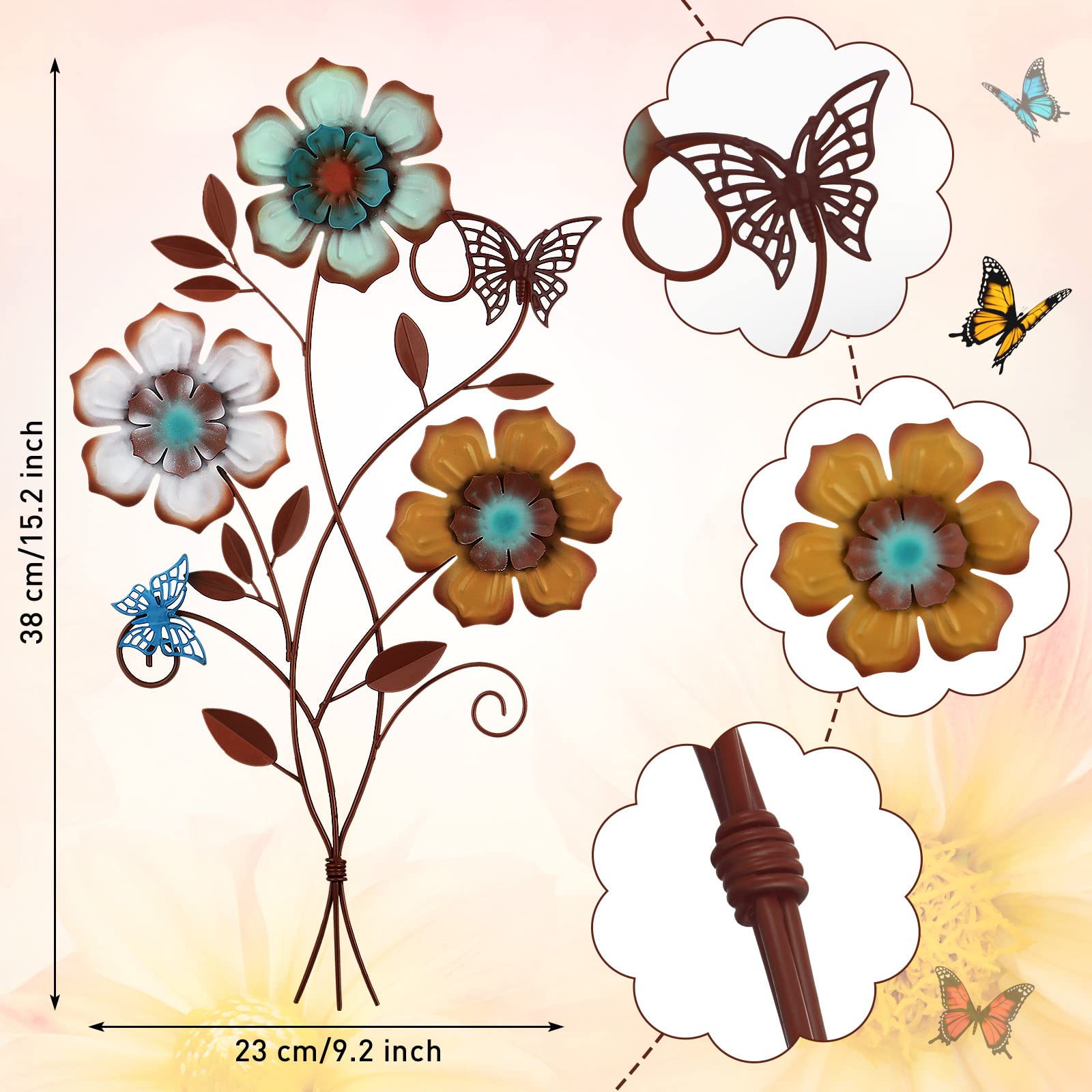 Tricolor Flower Metal Wall Art Decor Set