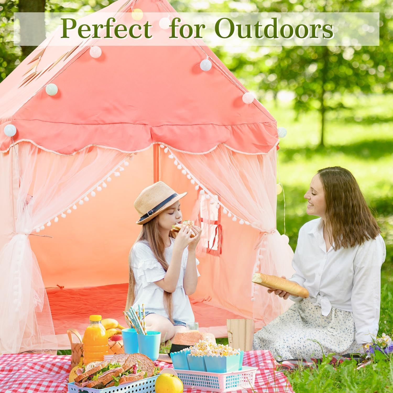 Kids Play Tent with Star Lights and Padded Mat - Light Pink