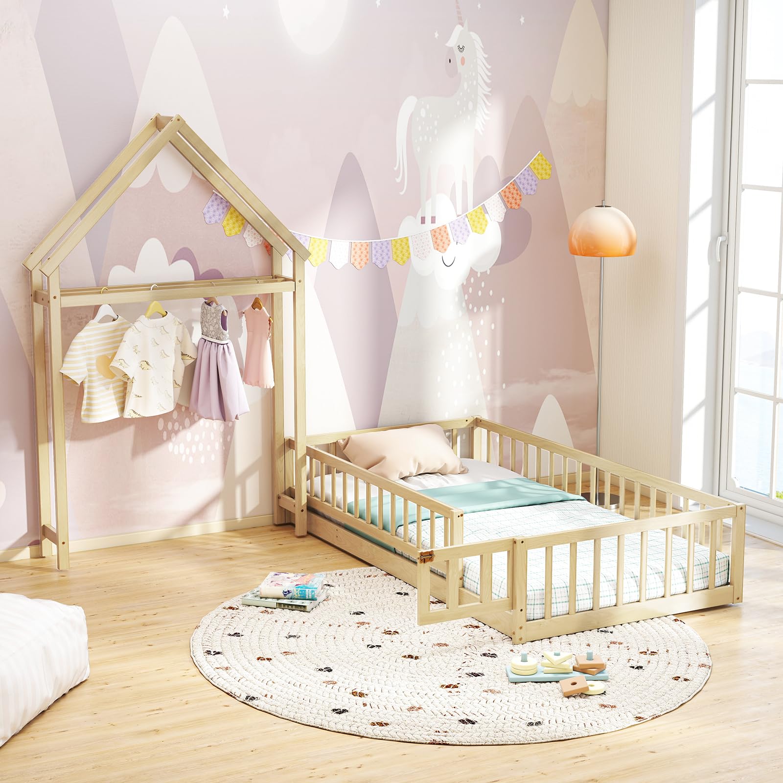Twin House Floor Bed with Safety Rails and Clothes Hanger