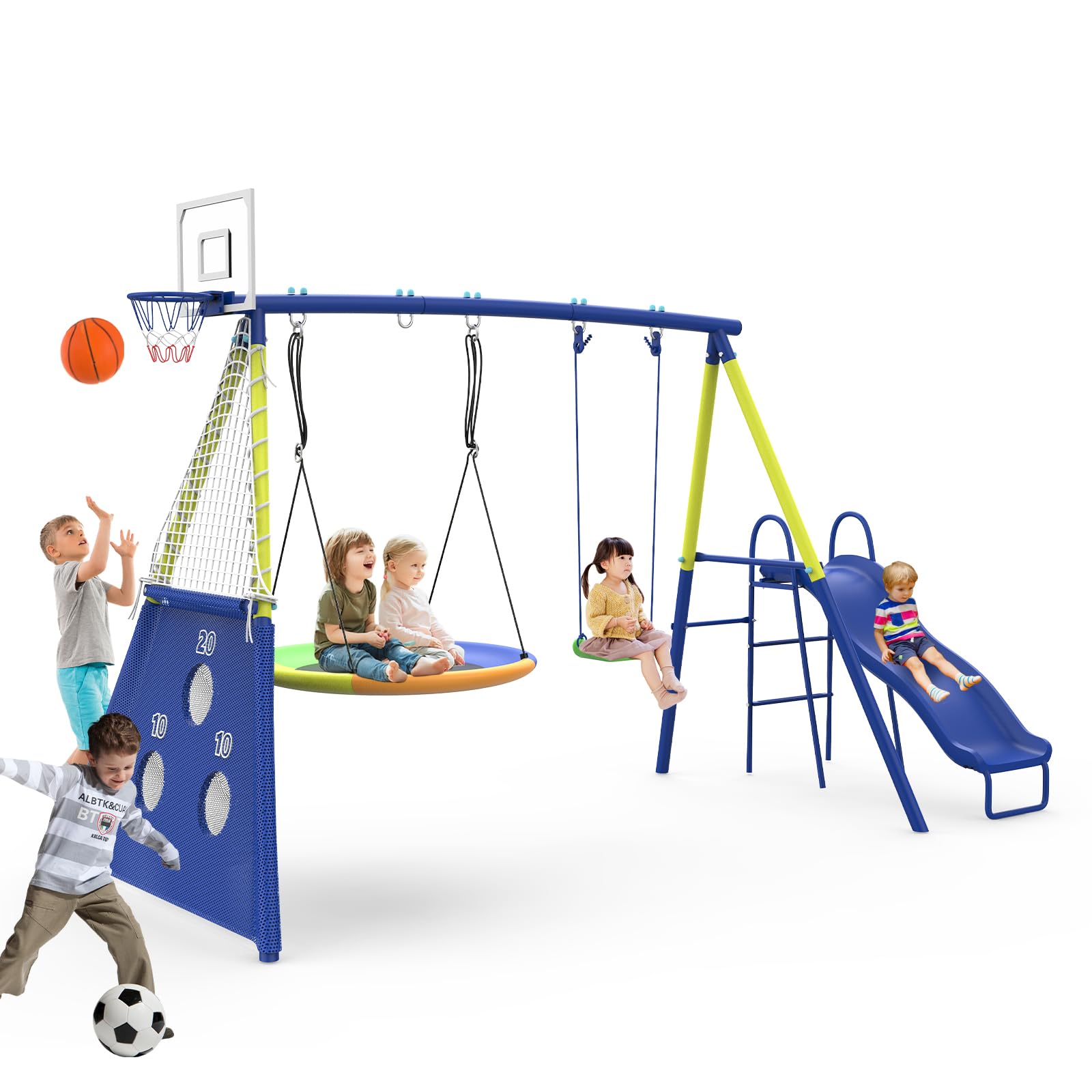 5-in-1 Metal Swing Set with Slide Basketball Hoop Soccer Goal