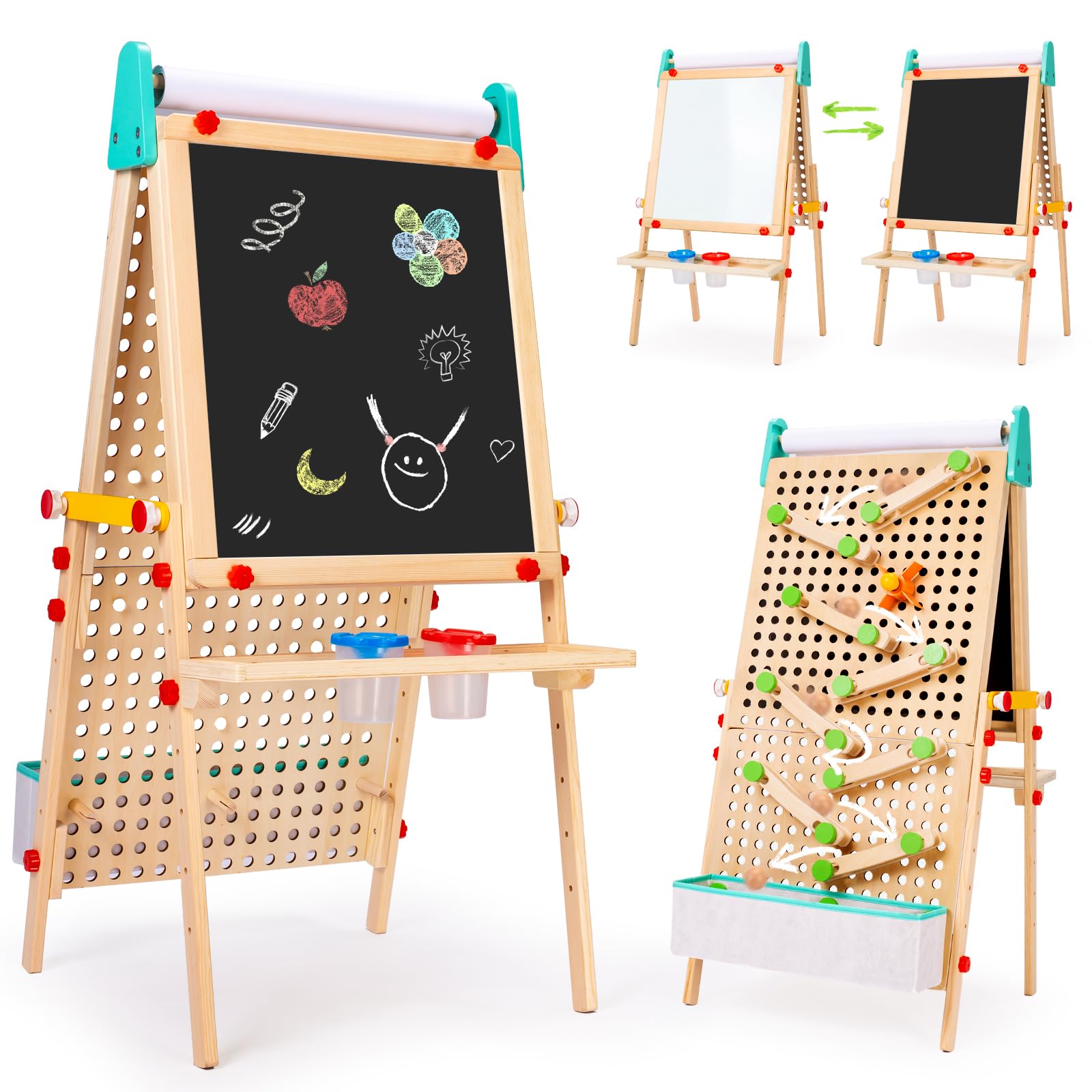 Wingyz 4-in-1 Adjustable Kids Art Easel with Magnetic Whiteboard & Chalkboard - Wooden Drawing Board with Marble Run for Kids- Creative Gift for Toddlers Ages 2-4, 4-8, 8-12