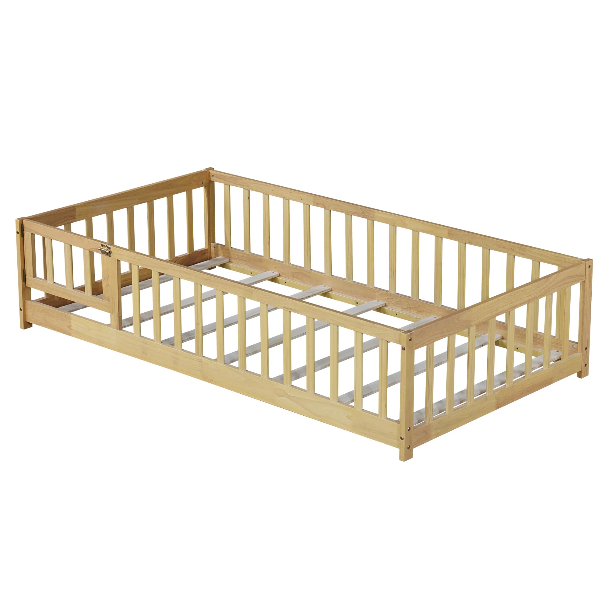 Twin Floor Bed with Slats Door and Safety Fence