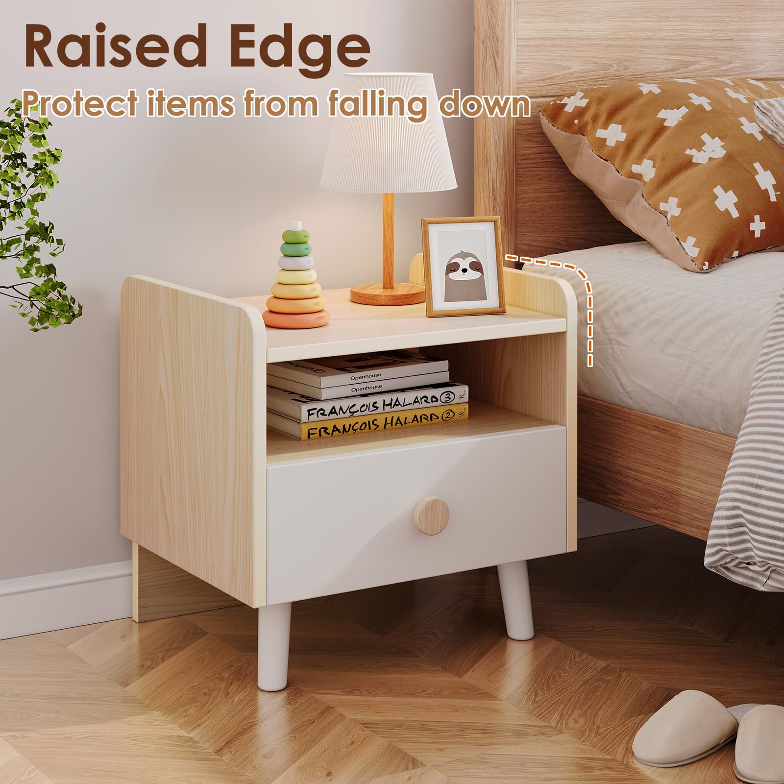 Kids Wooden Nightstand with Drawer and Open Shelf