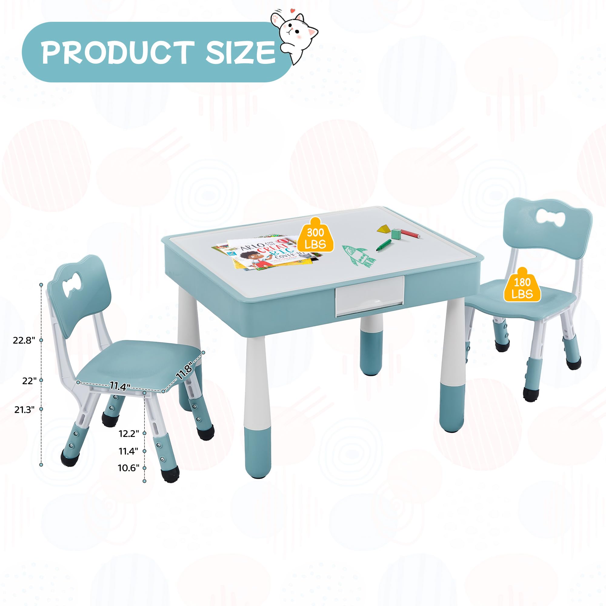 4 in 1 Kids Table and 2 Chairs Set, Toddler Table and Chair Set for Kids Ages 3-10, Activity Tables for Building Blocks/Drawing/Reading/Dining，Gift for Boy & Girl (Grayish Blue)