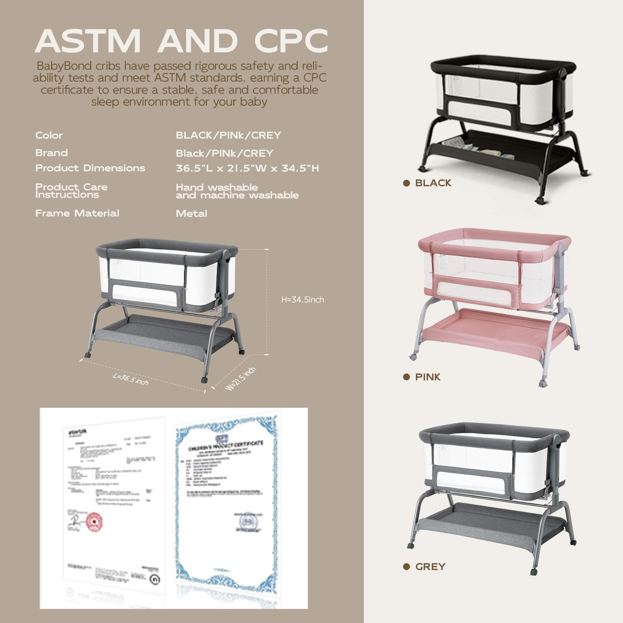 3-in-1 Baby Bassinet Bedside Sleeper with Adjustable Height