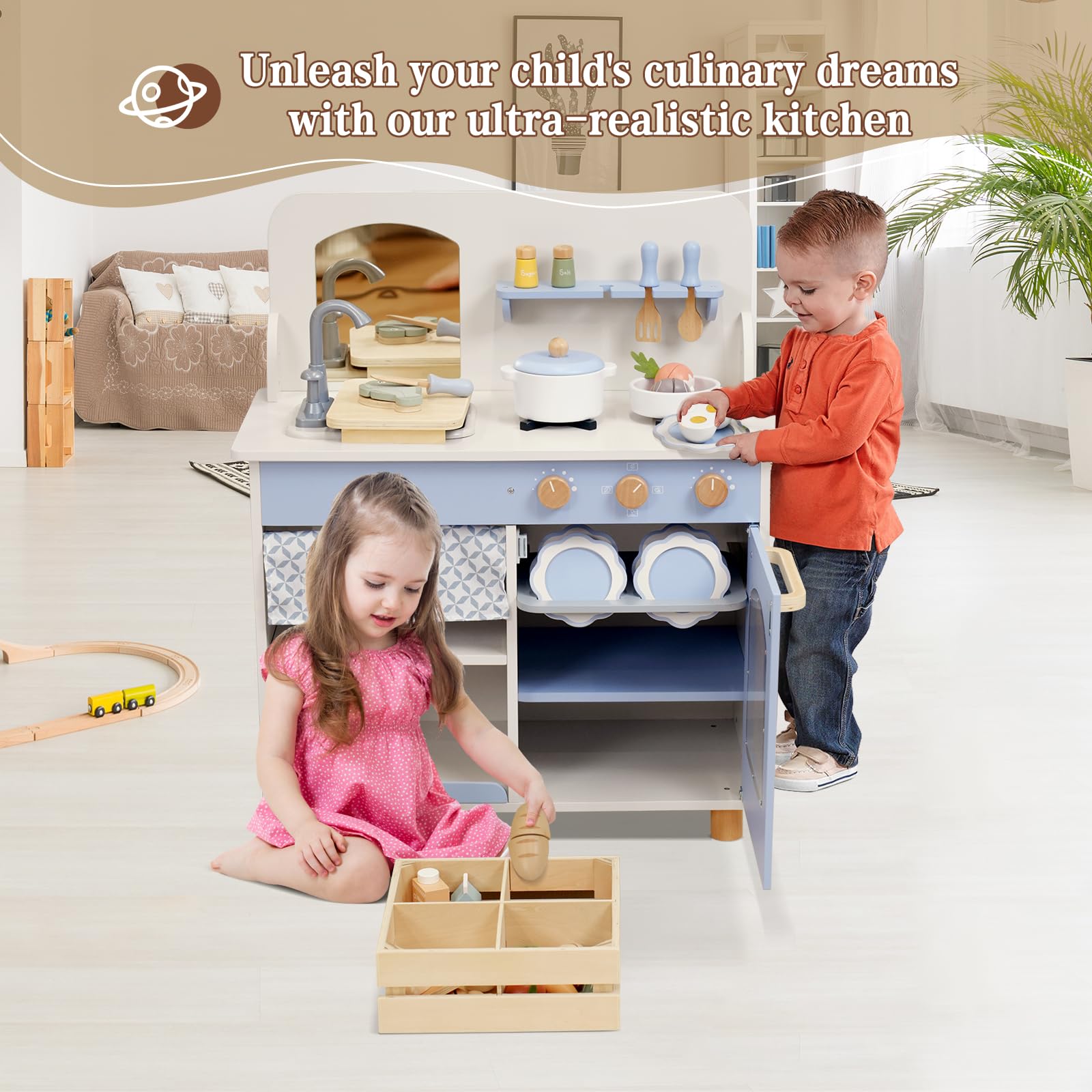 Joylike Wooden Kitchen Playset for Kids, Toddler Play Kitchen with 32Pcs Accessories Cutting Food Set, Stove & Water Sink, Pretend Play Toy for Kids Ages 3+