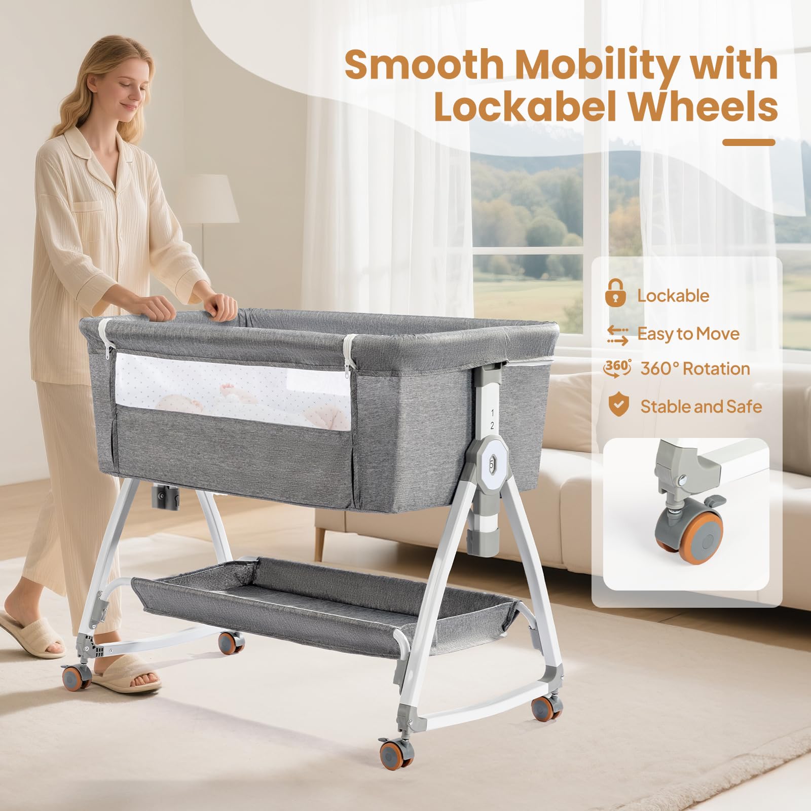 JOYMOR Baby Bassinet with Changing Table, Bedside Bassinet for Baby with Comfy Mattress and Wheels, 6 Height Adjustable Easy Folding Portable Bedside Crib for Newborn (Gray)