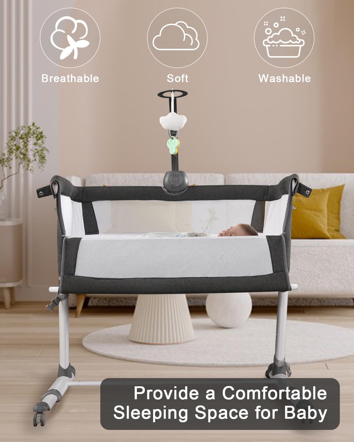 Bedside Bassinet with Wheels and Music Box