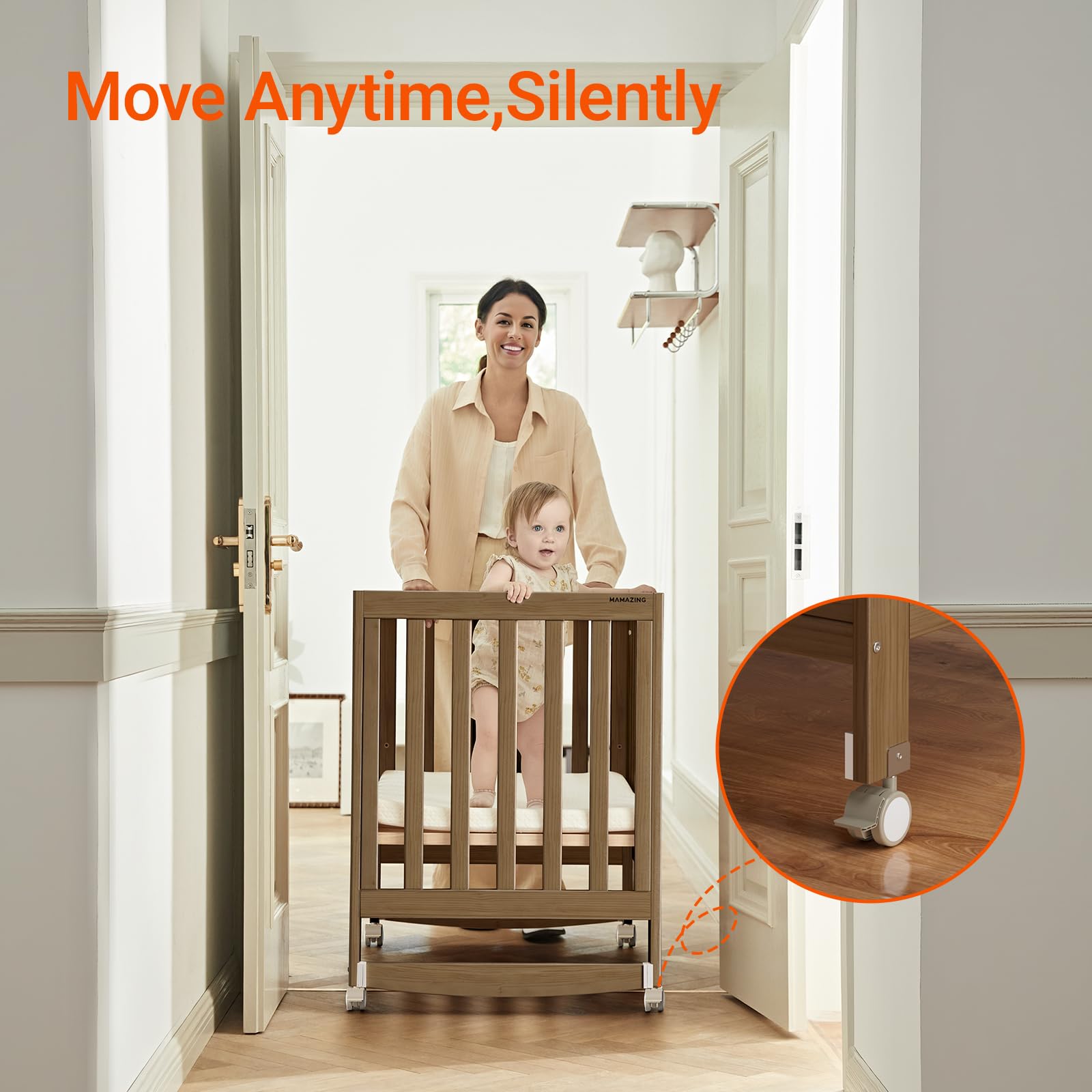 6-in-1 Convertible Baby Crib with Wheels and Adjustable Height