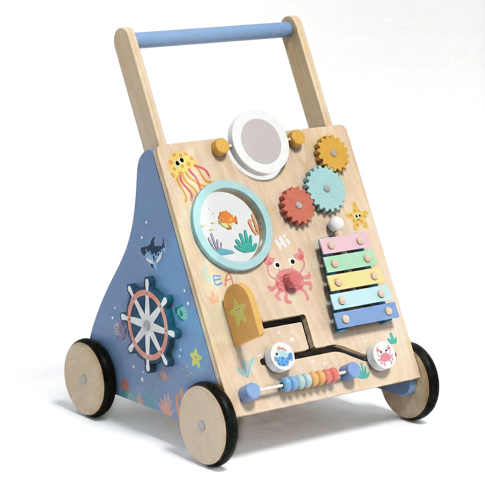 Ocean-Themed Wooden Baby Walker with Activity Center