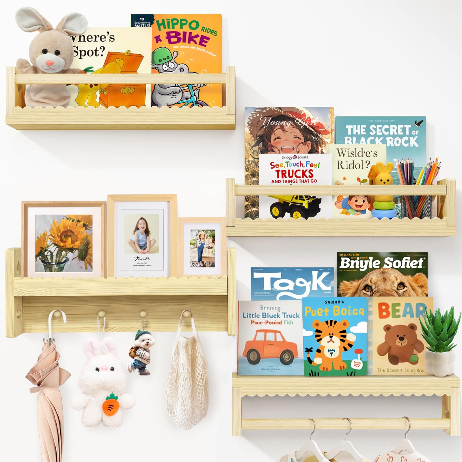 Idefair 16.5 Inch Floating Nursery Book Shelves Set of 4, Kid's Bookshelf for Wall, Natural Wood Toddler Room Decor and Storage Hanging Organizer