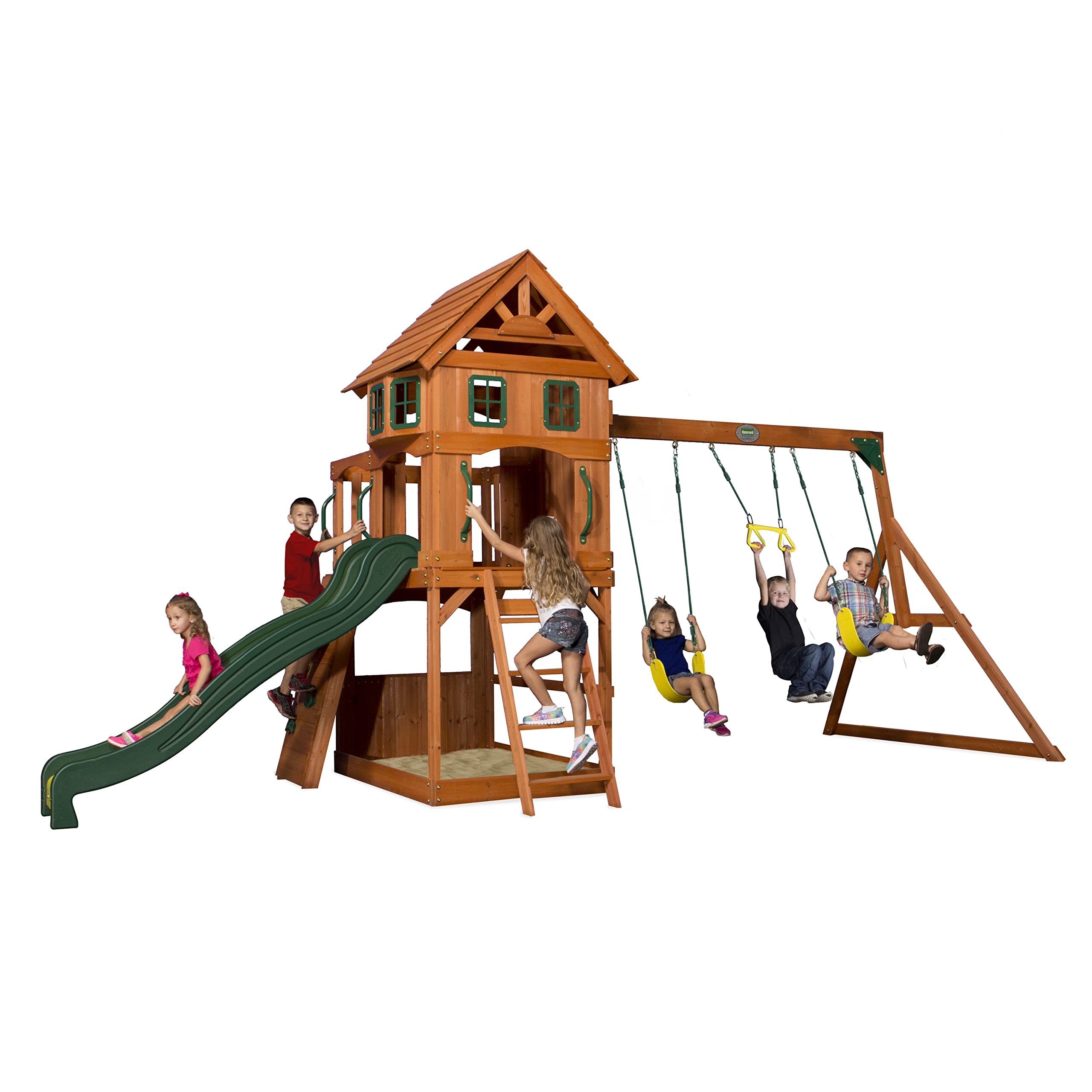 Cedar Wood Swing Set Outdoor Playset Clubhouse Wave Slide Rock Wall Trapeze