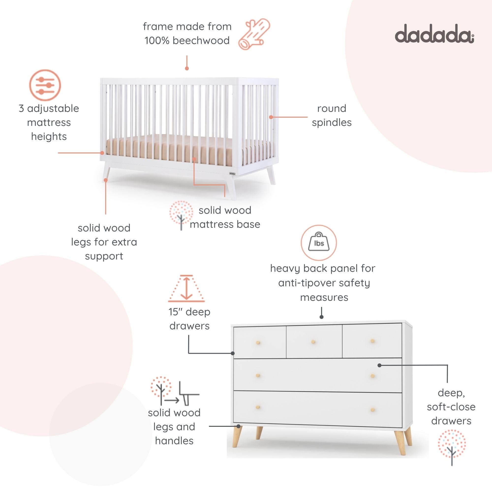 3-in-1 Convertible Crib and 5-Drawer Dresser Set