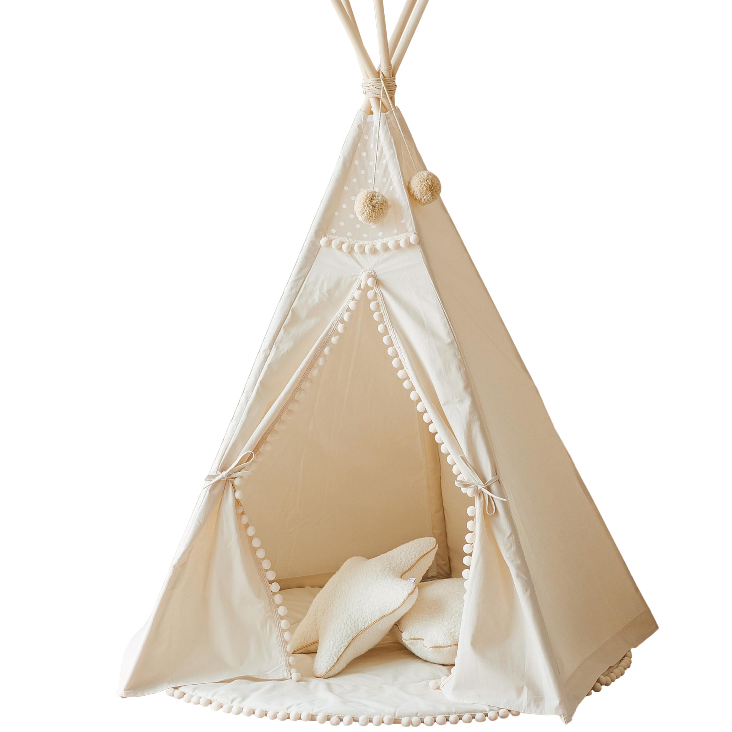 MINICAMP Original Teepee Tent for Kids - Play Tent for Girls & Boys - Natural Canvas Kids Indoor Tent for Toddlers 3-5 - Extra-Stable Children's Sleepover Tipi with Padded Mat Included - Pompom Decor