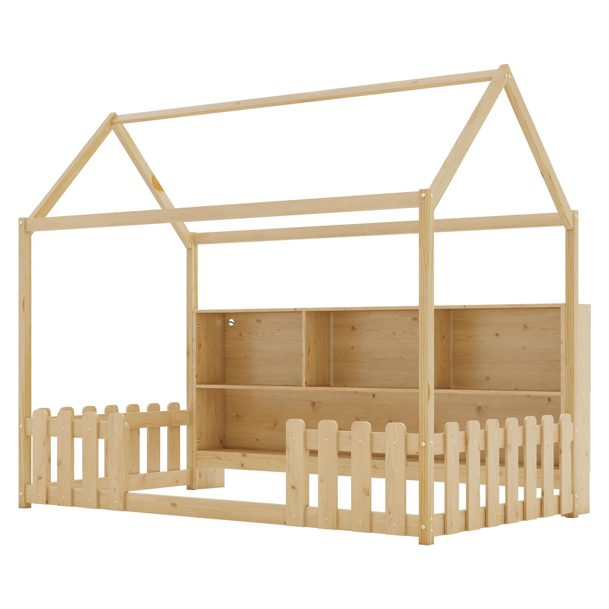Twin Size House Bed with LED Light, Wood Montessori Floor