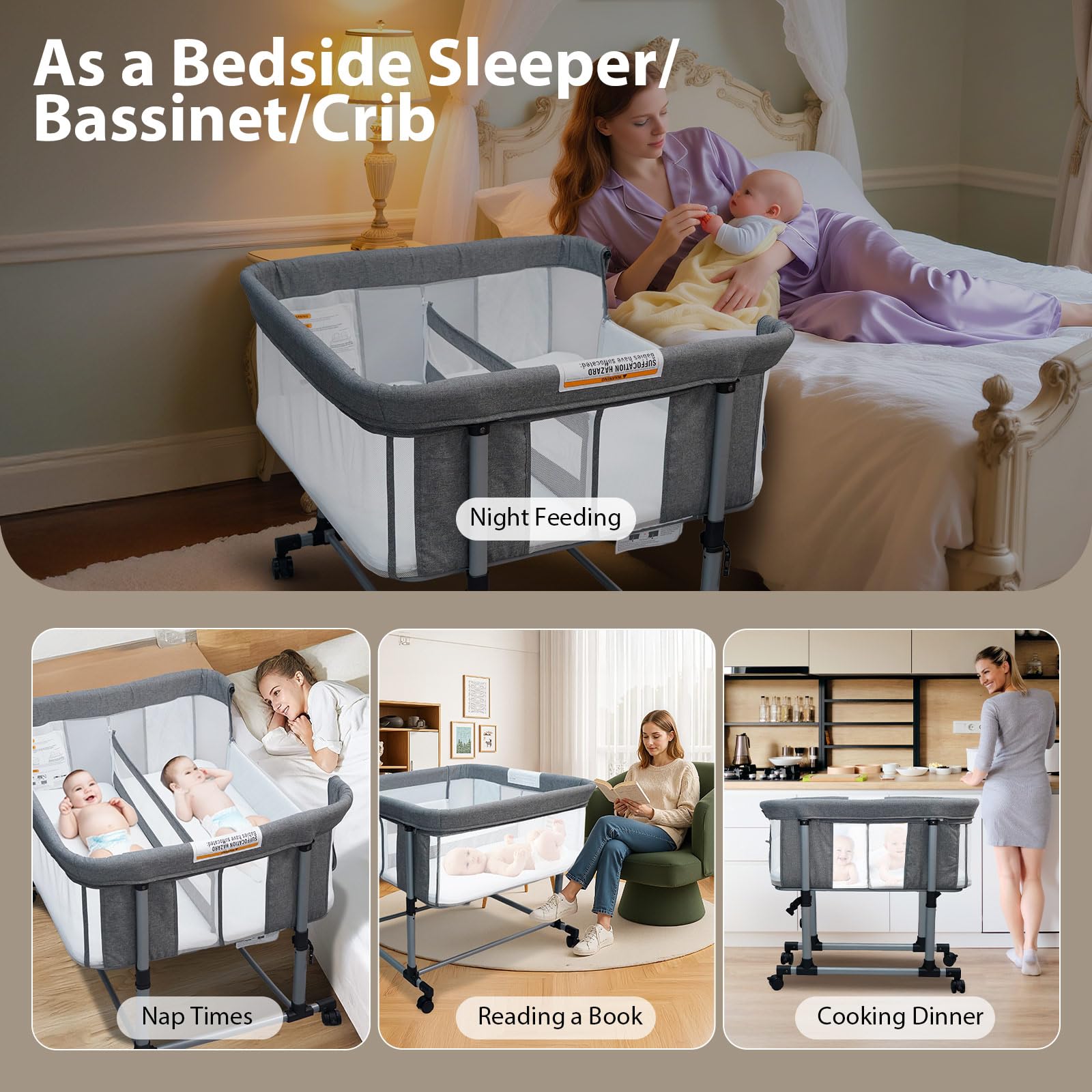 Twin Bassinet for Babies with Wheels and Adjustable Height