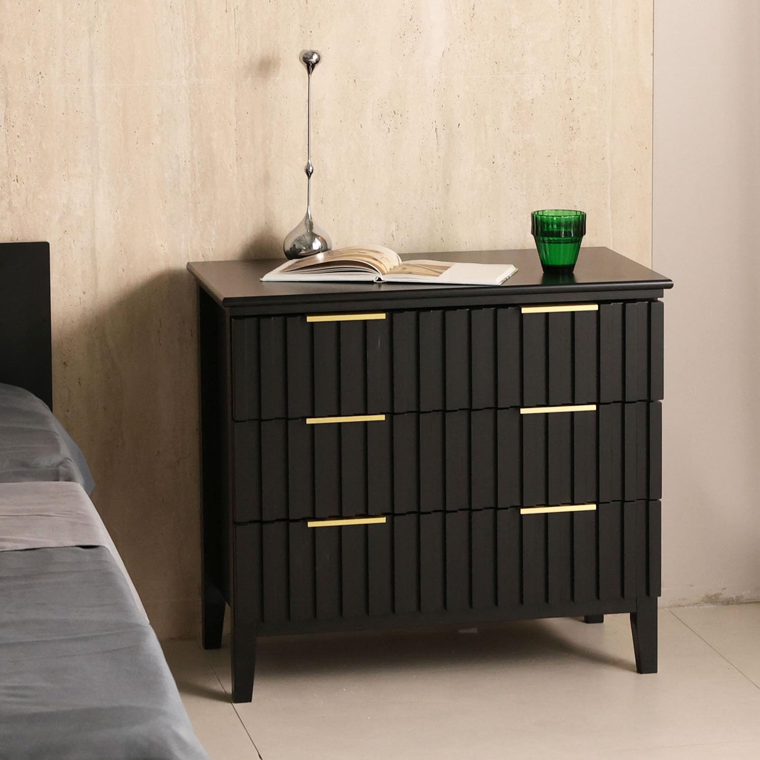 3 Drawer Dresser with Fluted Front and Golden Handles