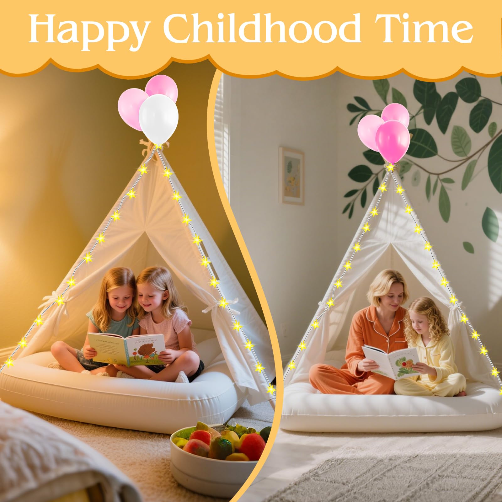 Kids Teepee Tent Set with Inflatable Mattress and Decorations