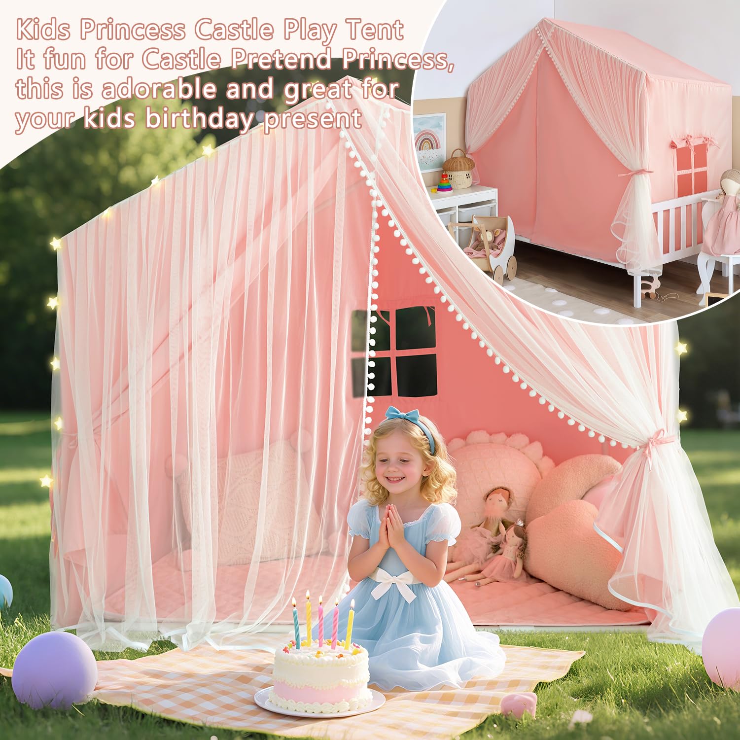 Princess Play Tent with Mat and Dual-Layer Curtain - Pink