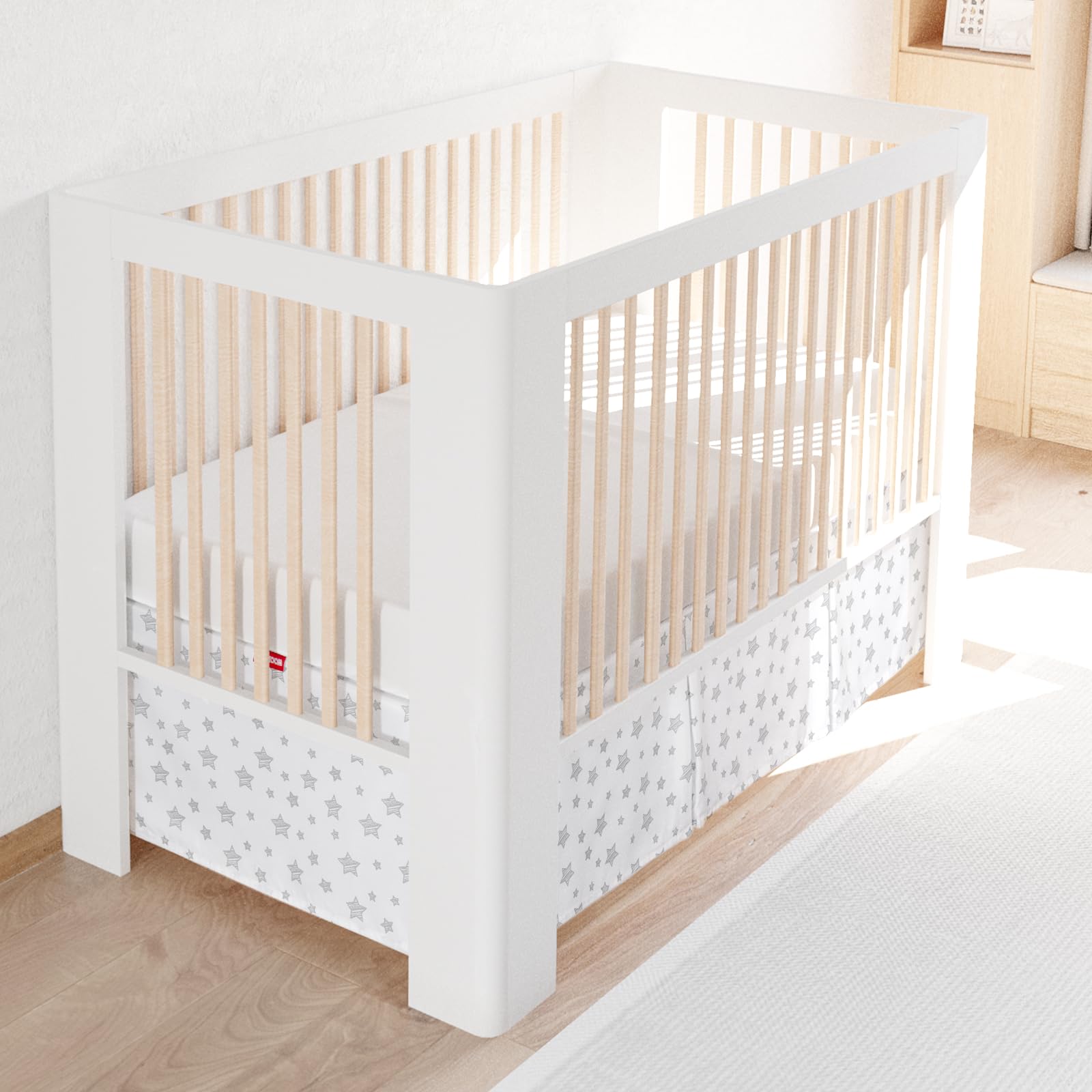 Crib Skirt Boy Girl Pleated Dust Ruffle Machine Washable, 14" Drop, Toddler Crib Bed Skirt White with Grey Star, Microfiber Nursery Standard Crib Bedding Skirt
