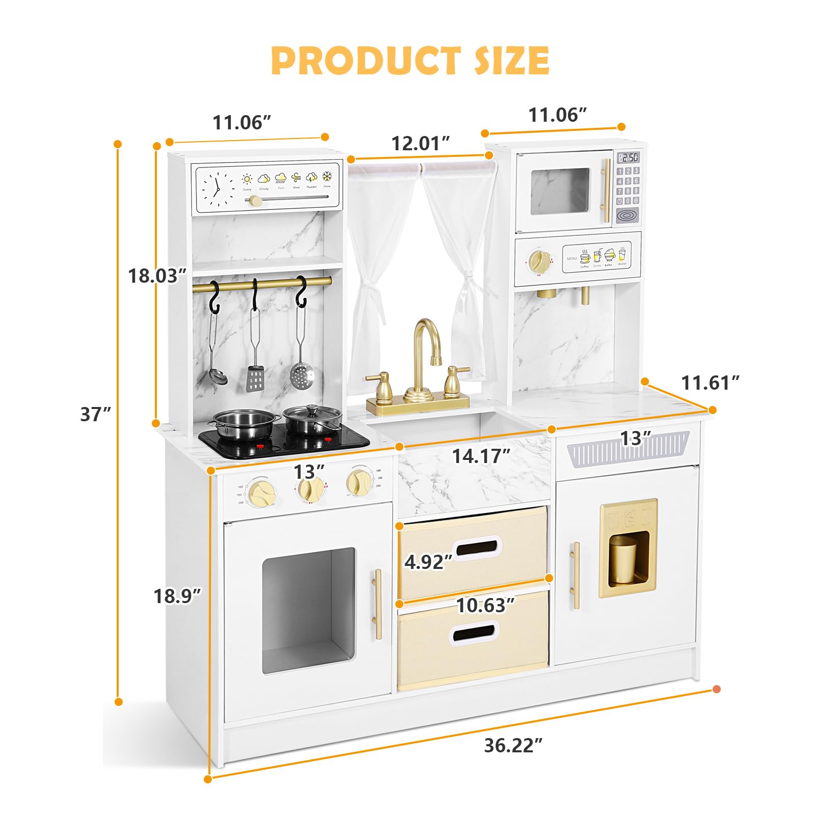 JOYLDIAS Play Kitchen, Wooden Kids Play Kitchen Playset Chef Pretend Play Set for Toddlers w/Ice Cube Dispenser, Oven, Cooking Accessories,Trendy Home Style w/Curtains, Storange Box, Gift for Ages 3+