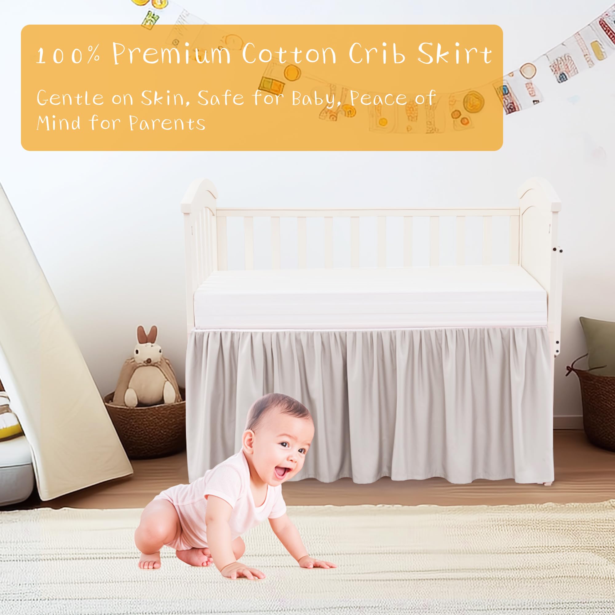 Crib Bed Skirt Dust Ruffle 100% Cotton - Natural, Soft, Breathable for Baby's Delicate Skin, Nursery Toddler Crib Bed Skirt for Baby Boys Girls, Fits Standard Cribs 28" x 52" with 14" Drop