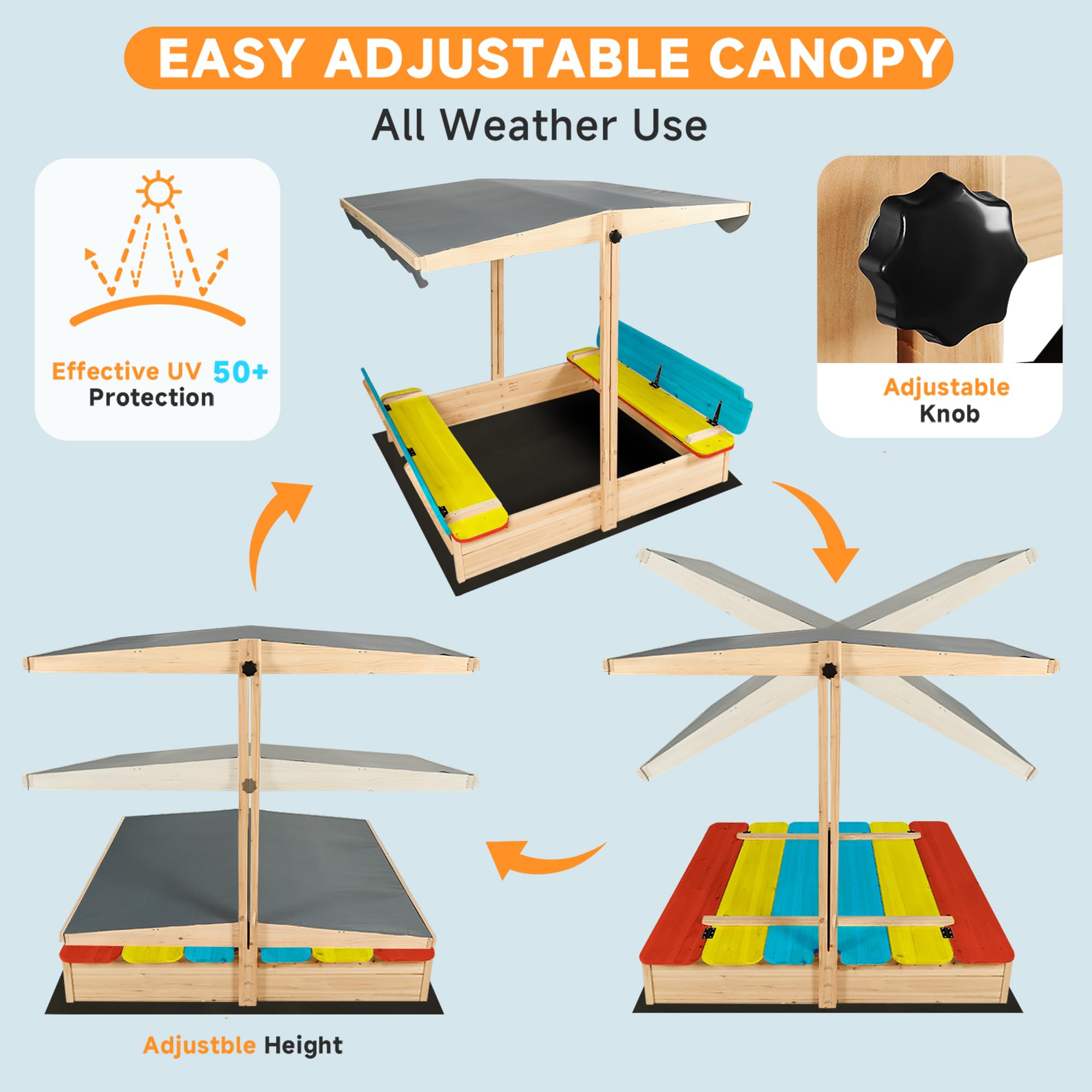 Wooden Sandbox with Canopy and Bench Seats