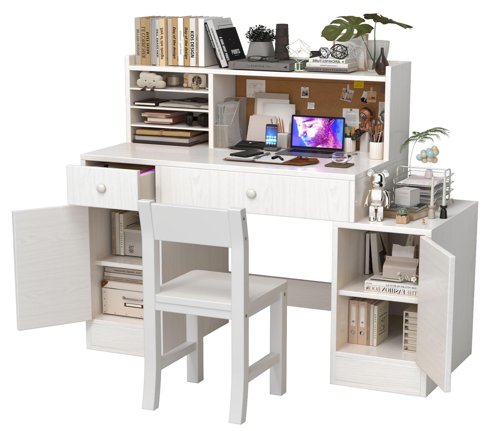 Wooden Kids Desk and Chair Set, 2 Drawers and 4 Storage Cabinets