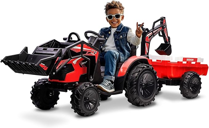 24V Ride On Car Toy Excavator & Bulldozer - Battery-Powered Electric Vehicle w/Trailer