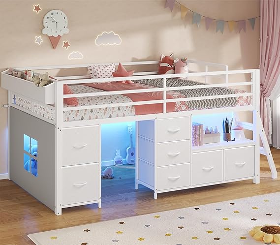 ADORNE Low Loft Bed Twin Size with 7 Storage Drawers