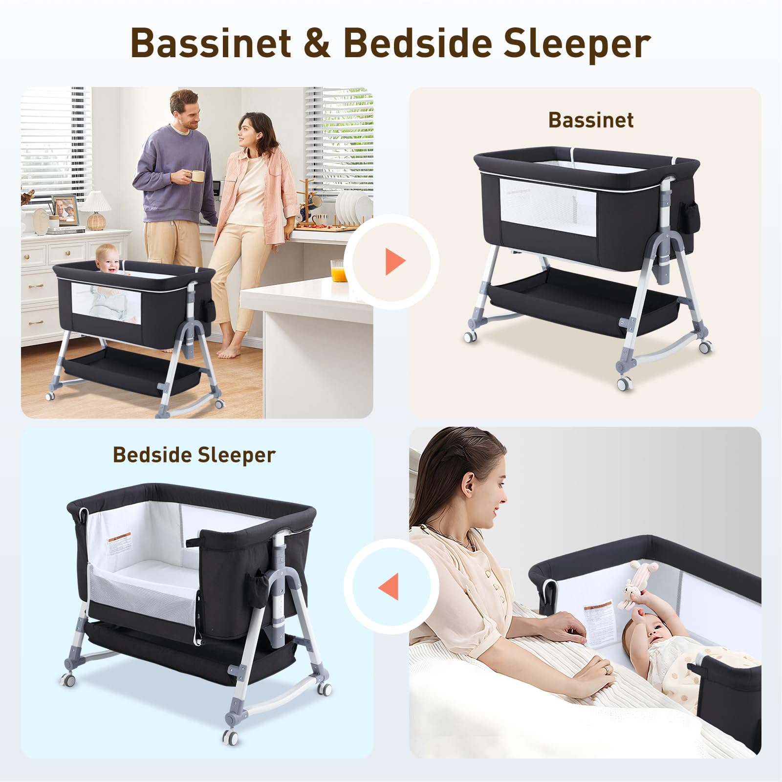 4-in-1 Bedside Bassinet with Wheels and Storage
