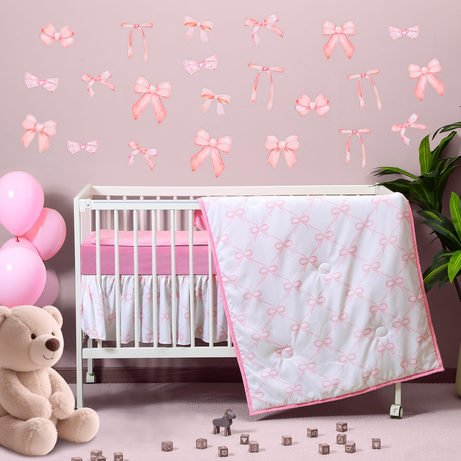 SmoothNovelty 5 Pcs Pink Bow Theme Crib Bedding Set Include Bow Knot Print Crib Sheets Bed Skirt Comforter Pad Cover Wall Stickers for Girls Princess Nursery Room Decoration