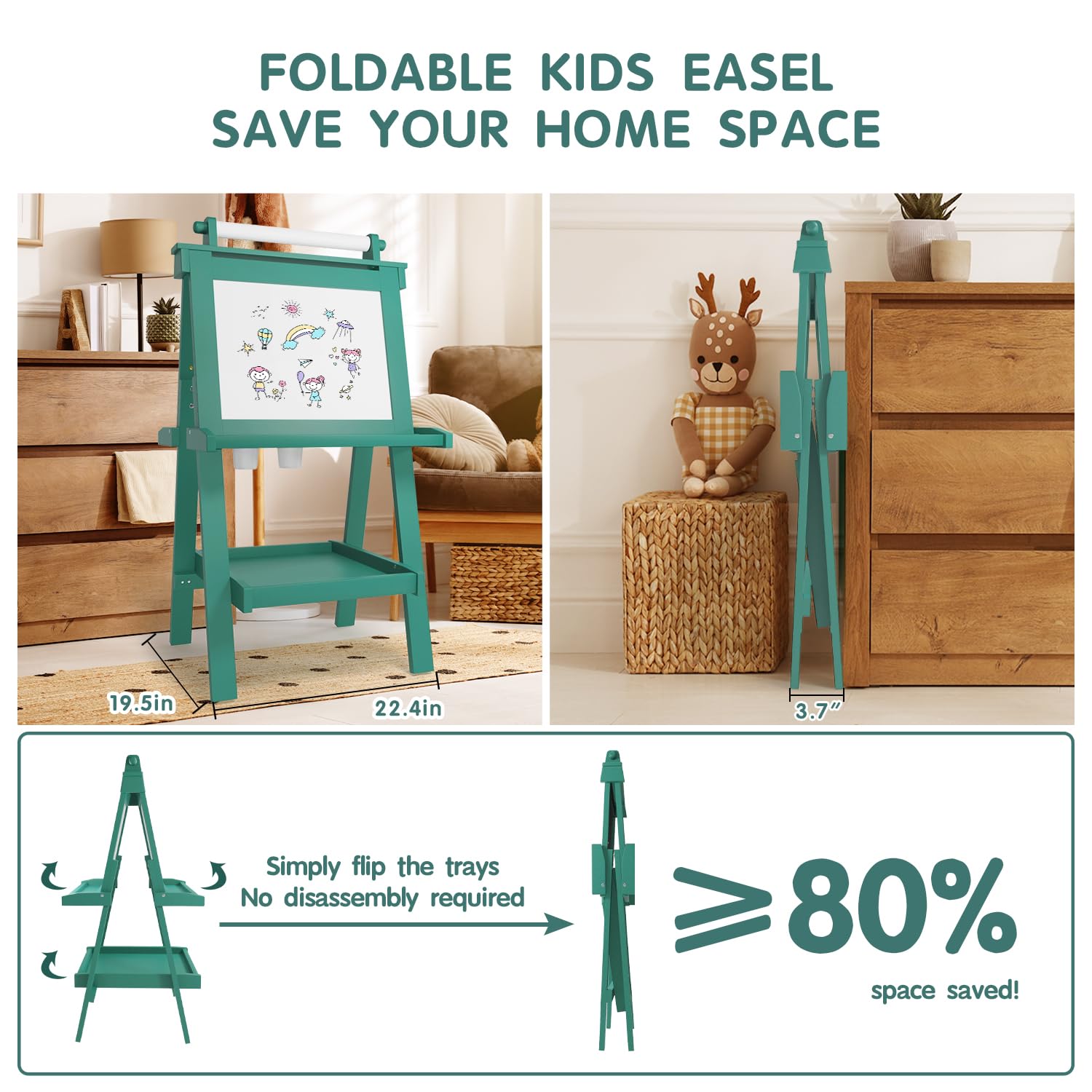 JUZBOT Easel for Kids Deluxe Foldable All-in-1 Toddler Easel with Paper Roll& 84pcs Accessories Magnetic Chalk-Whiteboard Art Center for Kids 3 4 5 6 7 8 Years Old Boys Girls-Green