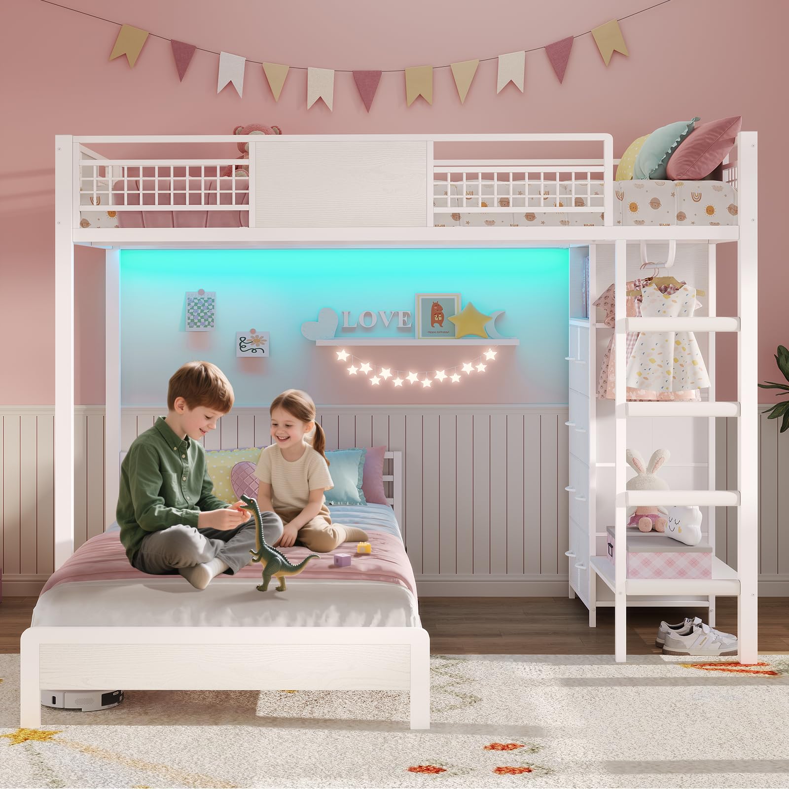 Twin Over Twin Bunk Bed with Storage Drawers and LED Lights