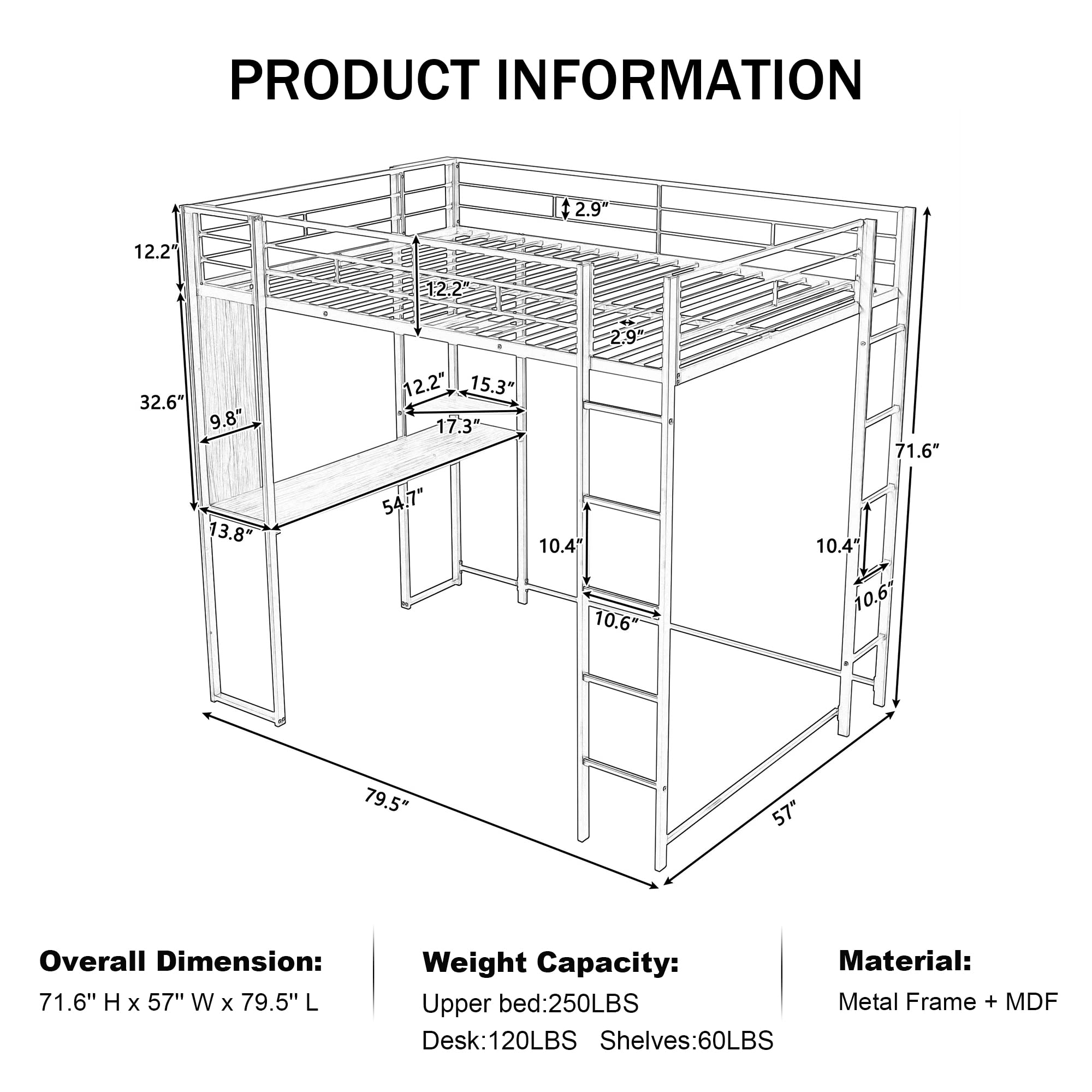 Metal Full Loft Bed with Desk and Shelves