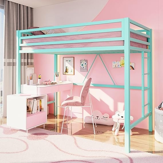 Metal Loft Bed Twin Size with Safety Guardrail and Ladder
