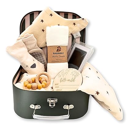 Baby Gift Set Boy - Newborn Shower Gift Basket with Large Minky Plush Blanket, Muslin Swaddle, Teether, Wooden Birth Record, Hand & Foot Print Kit, Nemo Socks, for Newborn Essentials Boys, Blue
