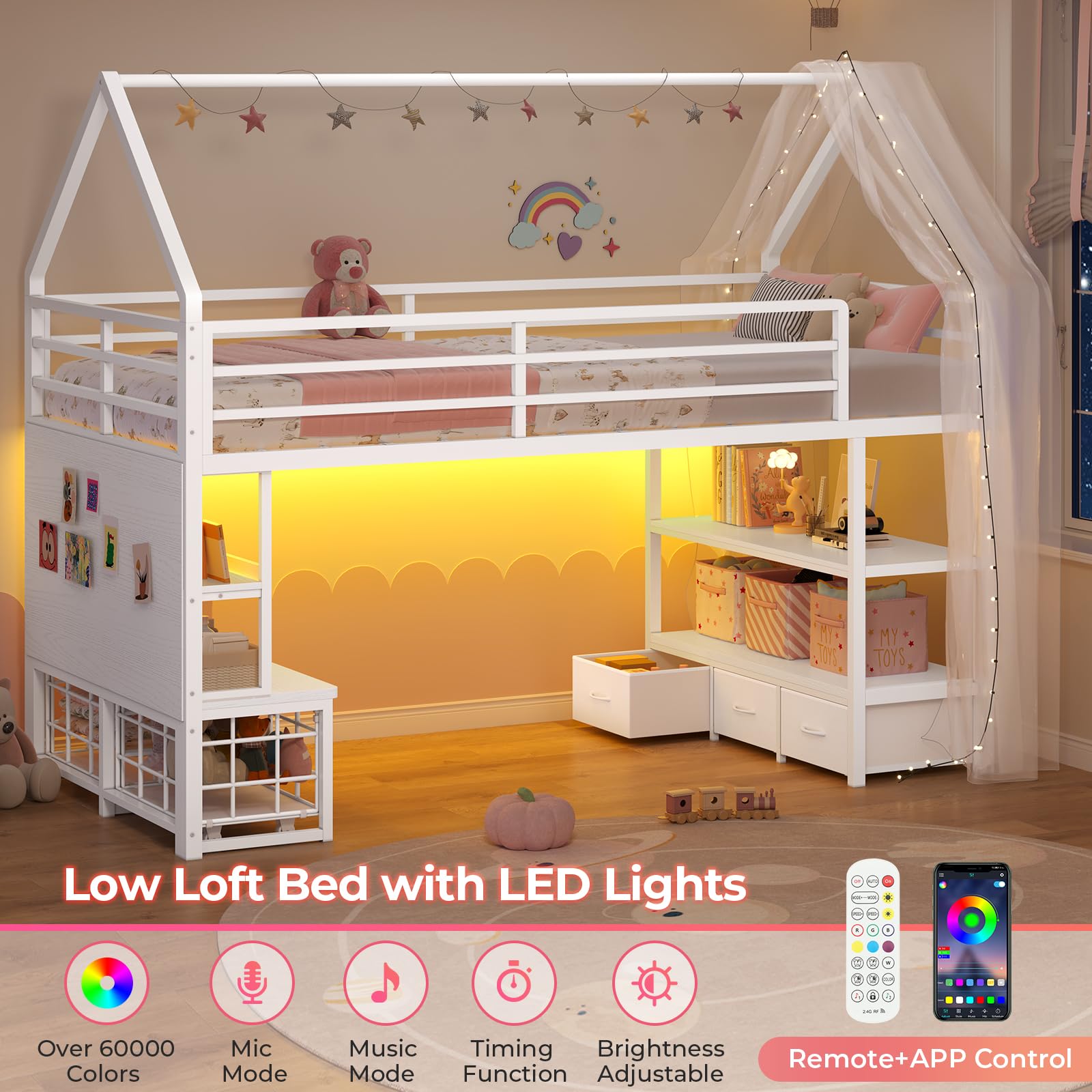 Twin Loft Bed with Storage Drawers and LED Lights