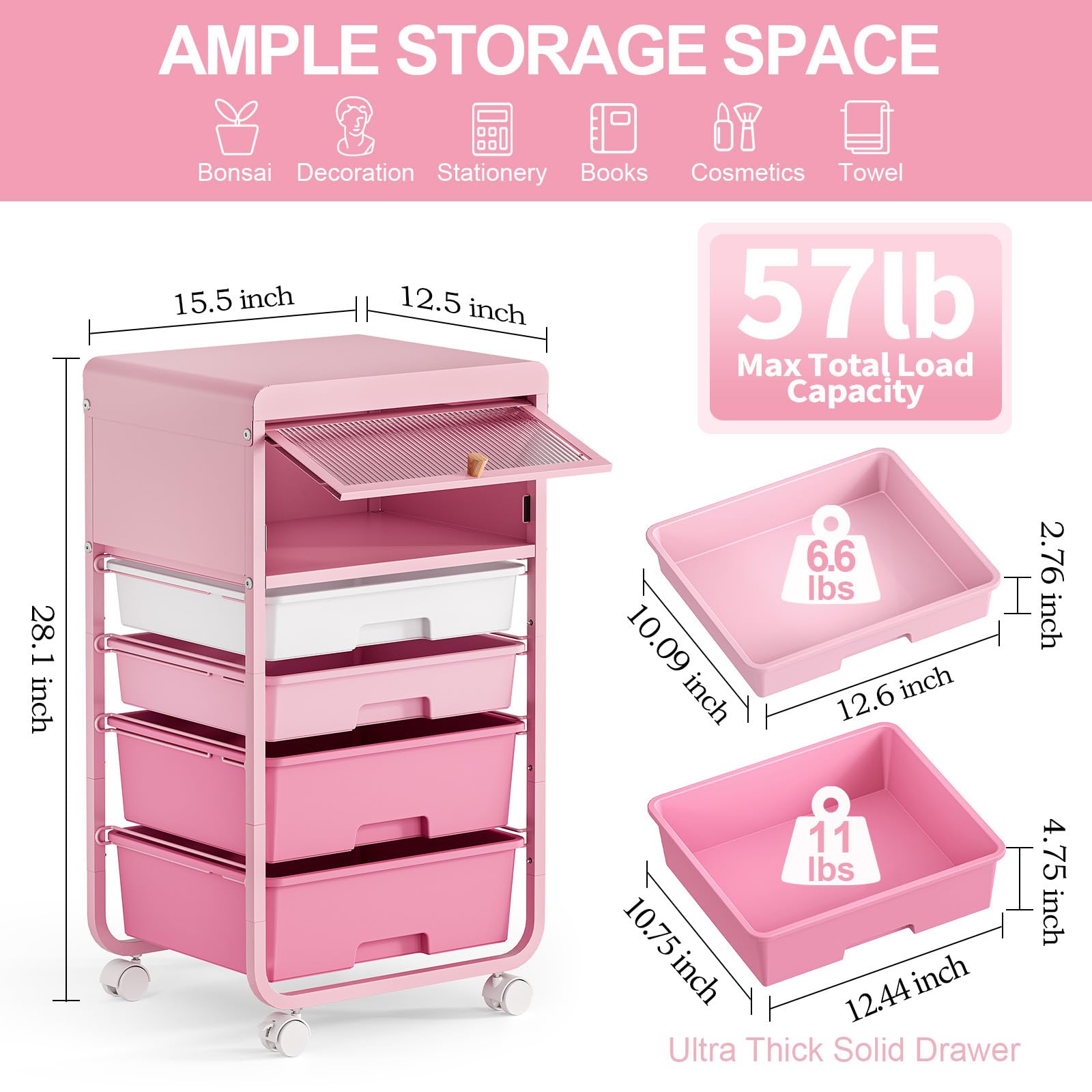 4-Drawer Rolling Storage Cart with Dust-Proof Door
