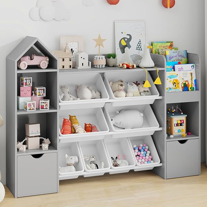 Kids Bookcase with Reading Nook, Oak Bookshelf with 7 Storage Cubbies