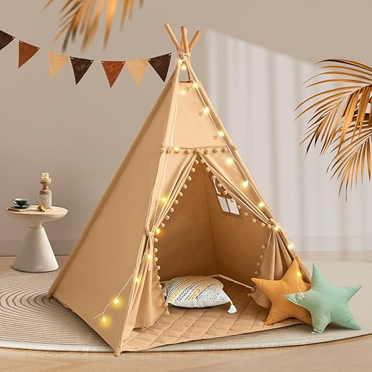Tent for Kids with Padded Mat Cotton Canvas Kids Tent with Pompom