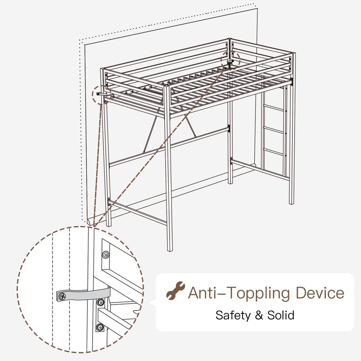 Metal Loft Bed Twin Size with Safety Guardrail and Ladder
