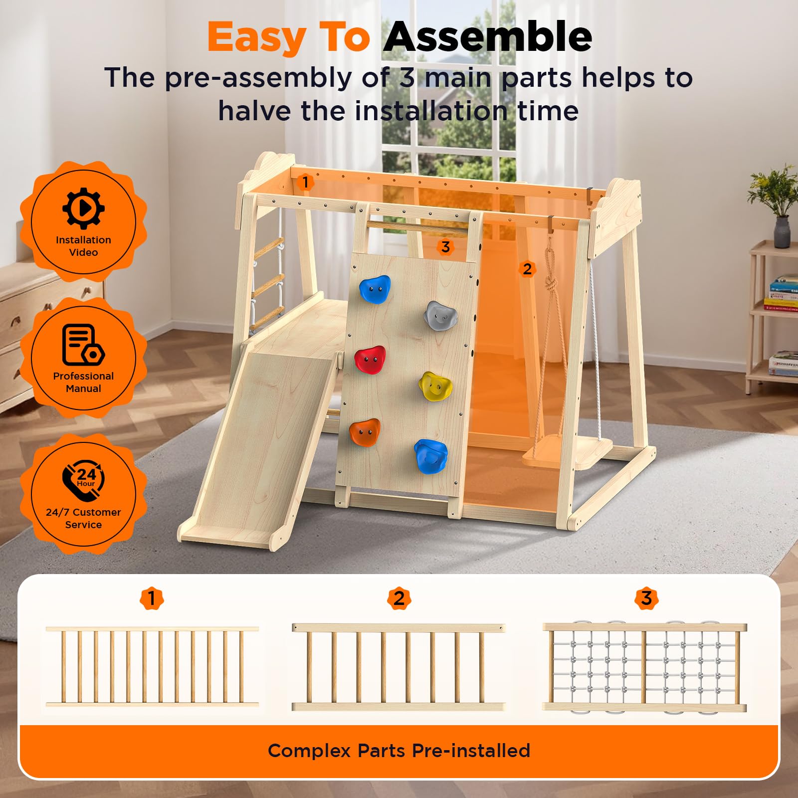 8-in-1 Wooden Indoor Jungle Gym with Swing and Slide