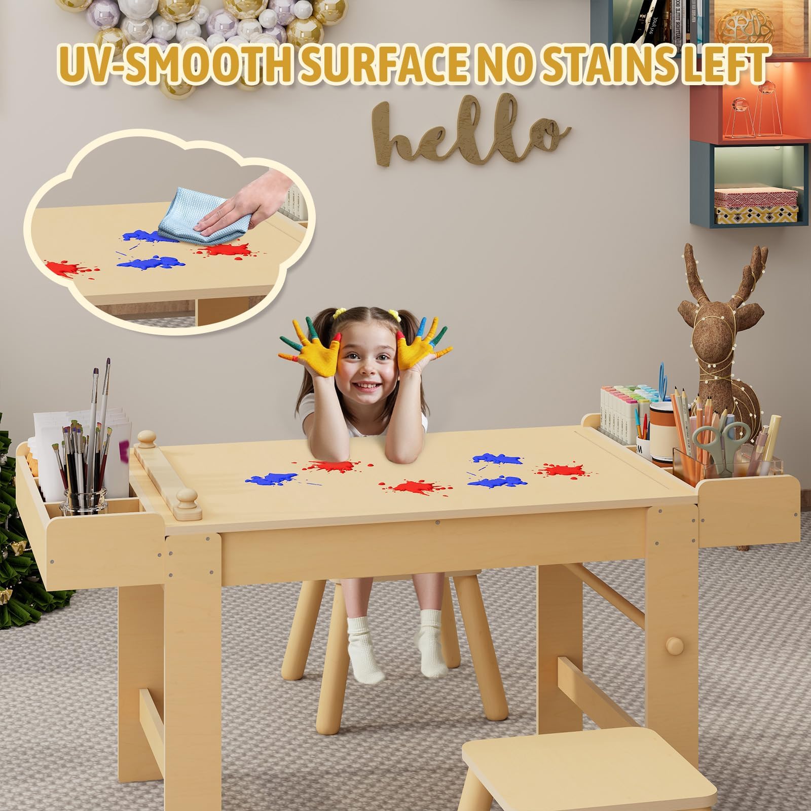 Wooden Kids Art Table and Chairs Set with Storage