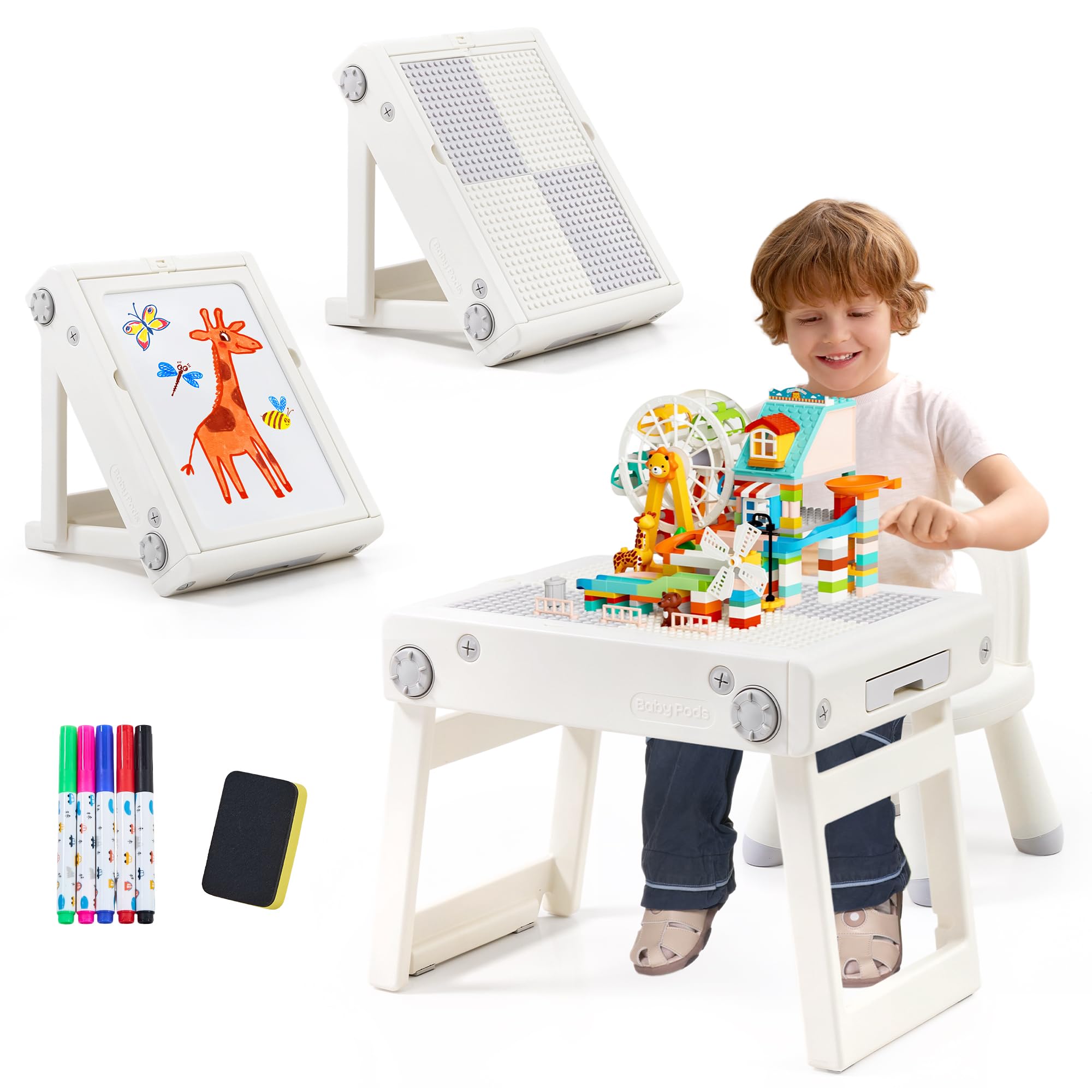 Toddler Table and Chair Set, Foldable Building Block Table for Kids