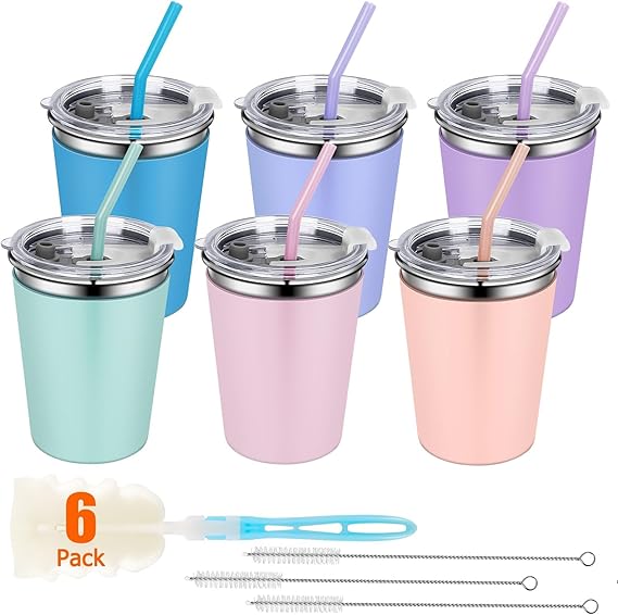 12 Pack Kids Cups Spill Proof, 12oz Stainless Steel Sippy Cup with Straws and Lids