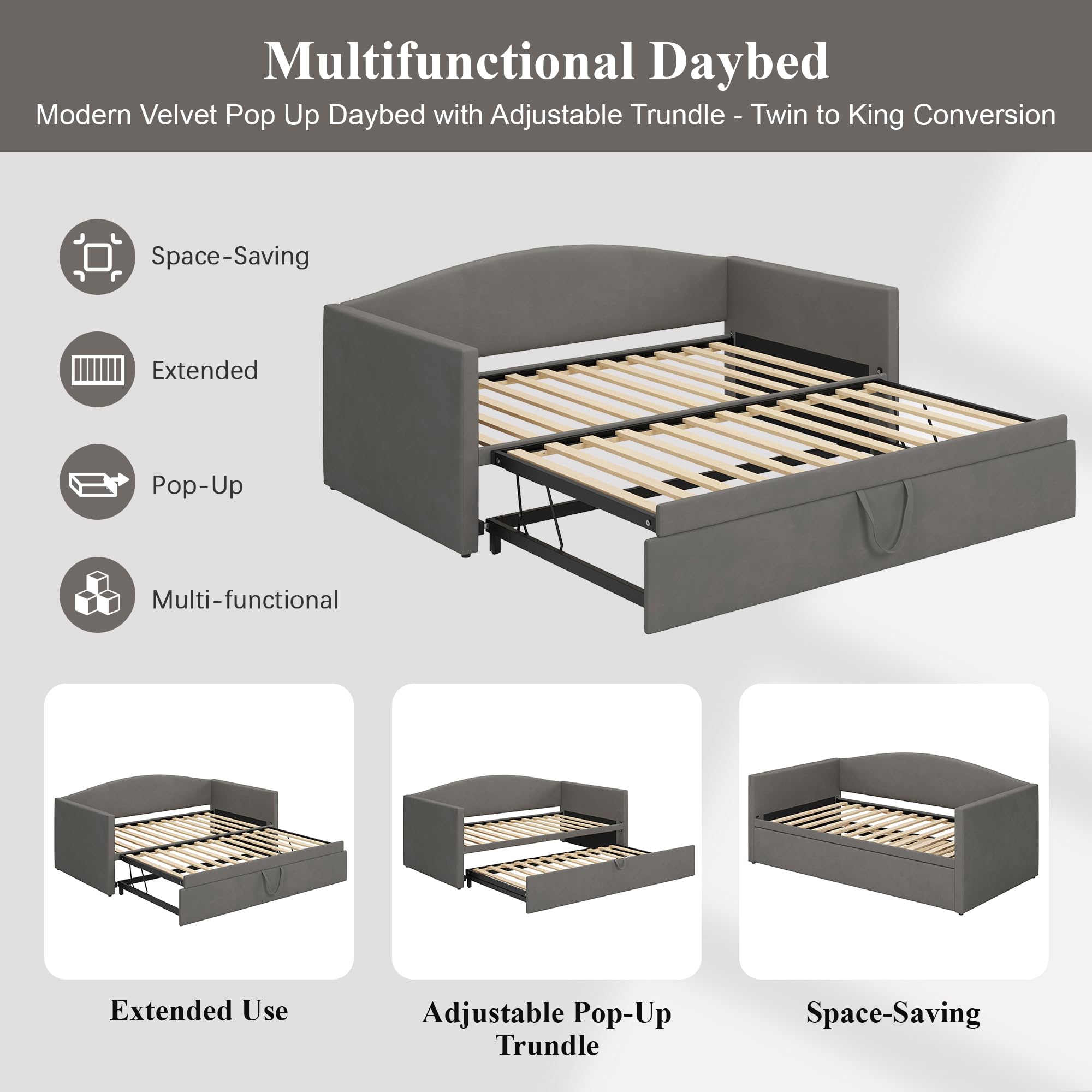 Twin Size Velvet Daybed with Pop Up Trundle
