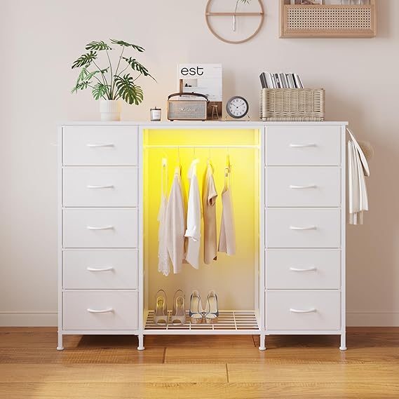 2-in-1 Dresser with Hanging Rack, 10 Drawers Dresser for Bedroom